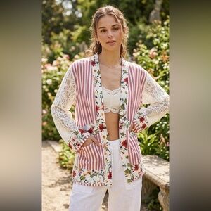 POL Lace Long Sleeve Striped Cardigan with Floral Patchwork Detail NIP